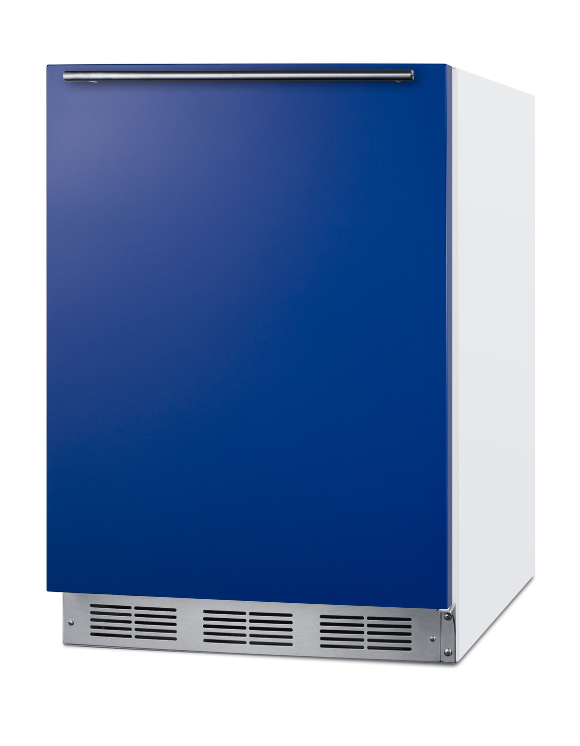 24 in. wide ADA height refrigerator-freezer for residential use with a cobalt blue door, stainless steel handle, and white cabinet